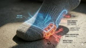 Illustration showing how cushioned running socks absorb shock and reduce pressure on the foot during long-distance runs.