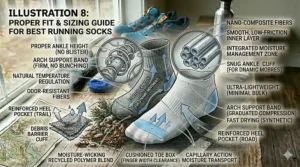 Graphic showing how the best running sock brands should fit around the heel and ankle to prevent slipping during a run.