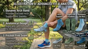 Close-up showing the anatomical left and right footbed design and dynamic arch support bands for a precise running fit.