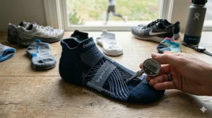 Diagram showing the targeted arch compression zone of an affordable running sock.