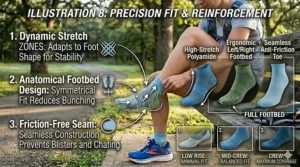 Detailed view of seamless toe construction and dynamic stretch zones to prevent bunching and chafing during long runs.