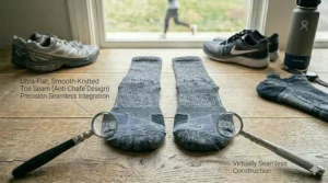 Detail shot showing a seamless toe construction to reduce friction and irritation.