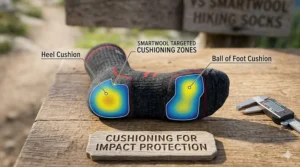 A cross-section diagram of Smartwool socks showing targeted cushioning zones in the ball and heel of the foot for impact protection.