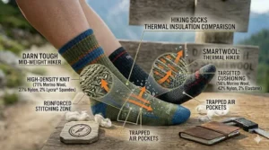 A visual representation of heat retention in Smartwool’s heavy-cushion trekking socks versus Darn Tough’s mid-weight hiking line.