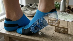 A 4K photorealistic technical illustration featuring a blue synthetic running sock with a translucent cross-section showing dense padding in the heel and impact protection zones.