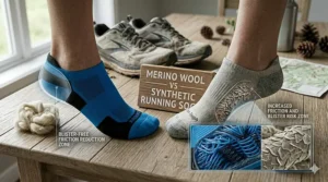 A 4K photorealistic comparison showing a blue synthetic running sock with a friction reduction zone overlay and a merino wool sock showing higher friction risk zones.