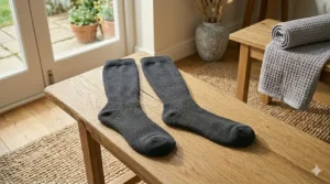 Illustration of a jogger wearing light support 8-15 mmHg knee high compression socks for enhanced leg circulation and recovery.