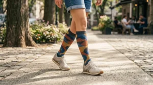 Person wearing patterned compression socks with sneakers for a casual, everyday look.