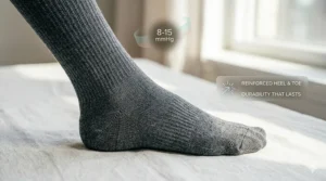 Lifestyle shot showing the reinforced heel and toe of 8-15 mmHg compression socks for durability.