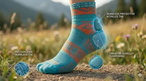 Illustration of a seamless toe and protective heel tab on women’s running socks to prevent friction.