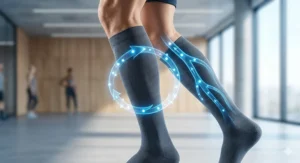 An infographic illustration showing how 8-15 mmHg compression socks for men improve blood circulation in the lower legs.