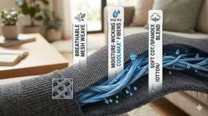 A close-up graphic breakdown of the breathable, moisture-wicking fabric structure of 15-20 mmHg compression socks.