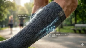 A detailed photorealistic close-up illustration focusing on the dark charcoal grey, ribbed fabric of 8-15 mmHg compression socks for men, displaying the intricate fibers. Explicit, glowing graphic overlays label distinct "BREATHABLE CHANNELS" and "MOISTURE-WICKING ZONES," reinforcing the feature of high-tech breathability in a park setting.