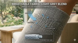 Detailed diagram illustrating the breathable, moisture-wicking fabric weave of 8-15 mmHg compression socks for swelling relief.