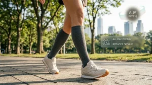 Illustration of a person feeling energized while wearing mild compression socks during a walk.