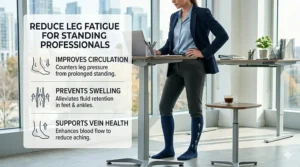 Illustration of a traveler wearing 8-15 mmHg socks to prevent leg swelling during a flight.