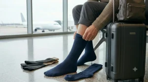 Diagram comparing 15-20 mmHg compression socks for travel against standard socks.