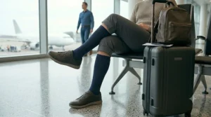 Side-by-side comparison of 15-20 mmHg compression socks for travel versus regular socks.