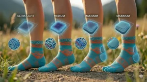 Comparison chart showing different levels of padding in running socks for women, from ultra-light to maximum cushion.