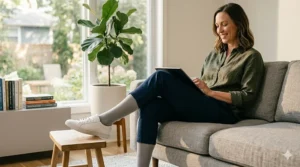 Illustration of everyday casual outfits paired with 8-15 mmHg mild compression socks designed to prevent ankle swelling.