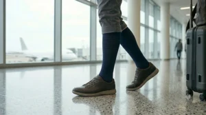 Illustration of a physician discussing 15-20 mmHg compression socks for travel health.