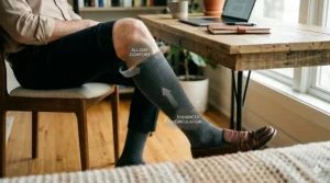 Close-up of a professional wearing 8-15 mmHg compression socks under trousers in an office setting.