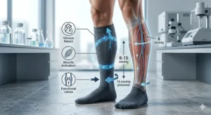 A diagram illustrating the graduated pressure zones of 8-15 mmHg compression socks for men, with the mildest pressure at the calf.