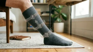 Diagram showing how 8-15 mmHg compression socks apply pressure to improve circulation.