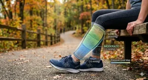 Illustration showing how 8-15 mmHg compression socks apply the most pressure at the ankle and less at the calf.