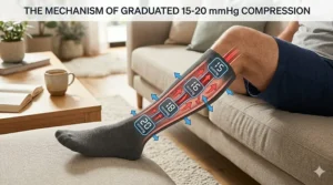 An infographic illustration demonstrating how 15-20 mmHg compression socks apply tighter pressure at the ankle and gradually decrease up the calf.