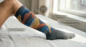 Illustration showing how to measure the ankle and calf for the perfect 8-15 mmHg compression sock fit.