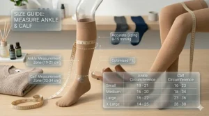 A helpful sizing chart illustration showing how to measure ankles and calves for 8-15 mmHg sheer compression socks.