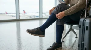 Step-by-step guide on correctly putting on 15-20 mmHg compression socks for travel.