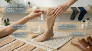 Step-by-step icons showing how to hand wash and air dry sheer compression socks to maintain elasticity.
