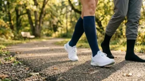 Illustration of a person walking in the park wearing athletic 8-15 mmHg compression socks to keep legs energized and swelling-free.