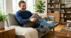 An illustration depicting a man experiencing leg fatigue, relieved by wearing mild 8-15 mmHg compression socks for men.