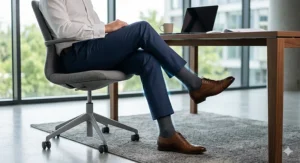 An illustration of a businessman sitting at a desk wearing professional attire and discrete 8-15 mmHg compression socks for men.