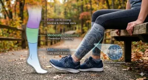 A chart showing 8-15 mmHg as the mildest level of graduated compression for women's socks.