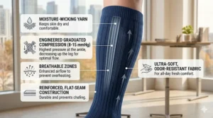 An employee wearing 8-15 mmHg compression socks to reduce leg fatigue while working.