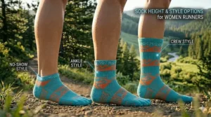 An illustration of various sock heights for women runners, including no-show, quarter-length, and crew styles.