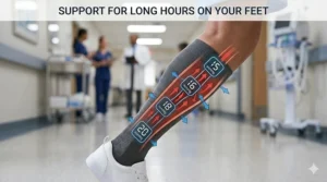 Graphic illustration of a healthcare worker standing on shift, benefiting from the support of 15-20 mmHg compression socks.