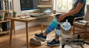 Illustration of a woman working at a desk wearing stylish 8-15 mmHg compression socks to improve circulation.