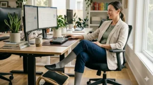 An illustration of an office worker sitting at a desk, highlighting how 8-15 mmHg compression socks fight swelling from prolonged sitting.
