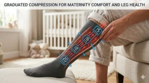 Illustration of a pregnant woman wearing mild 15-20 mmHg compression socks to relieve swollen ankles and varicose veins.
