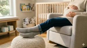 Illustration of a pregnant woman resting comfortably while wearing 8-15 mmHg compression socks for mild pregnancy swelling.