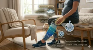 Graphic showing 8-15 mmHg compression socks helping to reduce mild edema and leg fatigue during pregnancy.