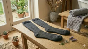 Technical illustration pointing out the cushioned heel and seamless reinforced toe box on a pair of 8-15 mmHg knee high compression socks.