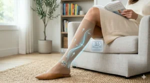A diagram showing the graduated pressure levels of 8-15 mmHg sheer compression socks, highest at the ankle.