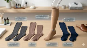 A lifestyle illustration showcasing sheer compression socks 8-15 mmHg in various nude shades and black.