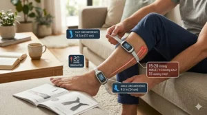An illustrated measurement guide showing how to measure the calf and ankle for the perfect 15-20 mmHg compression socks fit.